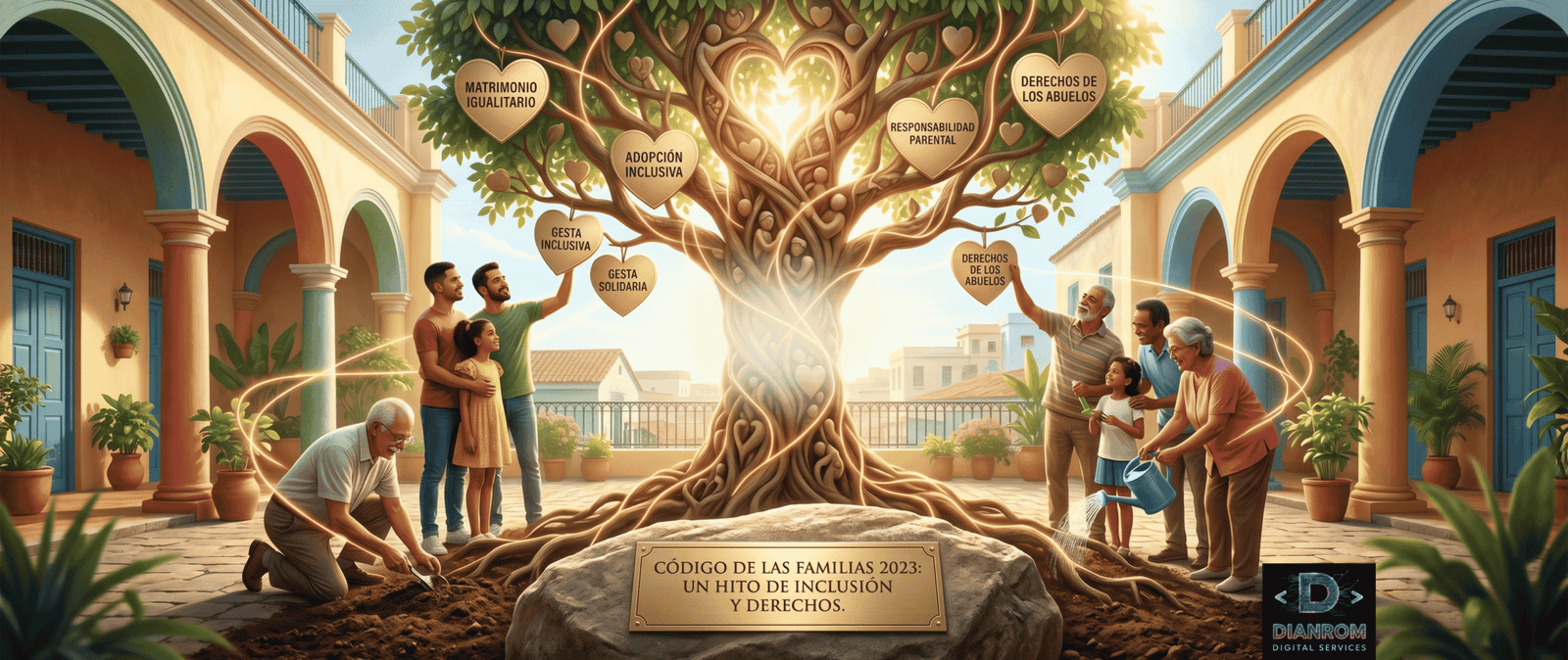 Una mano sostiene el documento oficial del "Código de las Familias" de Cuba frente a familias diversas en el Malecón de La Habana, con símbolos de anillos, balanzas de justicia y una bandera cubana difuminada.