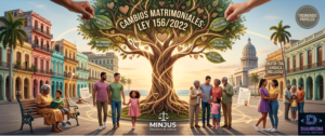 Un montaje fotográfico panorámico de familias cubanas diversas y un "árbol familiar" de luz interconectada que florece con textos legibles sobre los derechos de la Ley 156/2022 en un patio colonial de La Habana Vieja al amanecer.