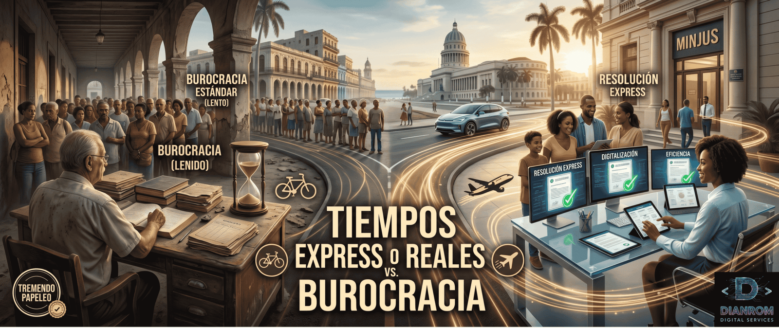 Un montaje fotográfico panorámico que compara los tiempos de legalización en Cuba: por un lado, largas colas, libros antiguos y lentitud para 'BUROCRACIA', por otro, pantallas modernas, una agente digital y velocidad para 'RESOLUCIÓN EXPRESS'. Símbolos de conexión internacional y digitalización se funden con la escena. Fondo cinematográfico de La Habana Vieja al amanecer.