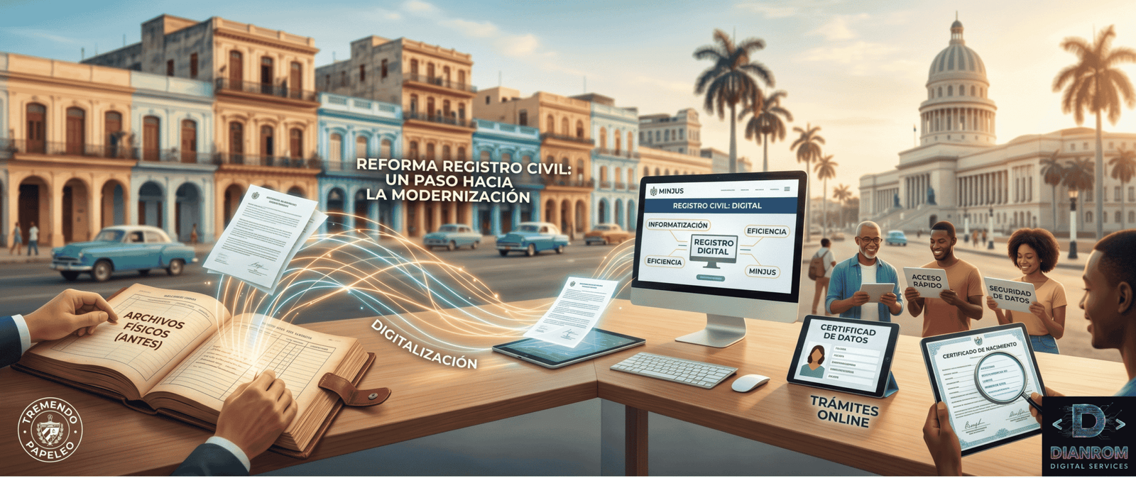 Un montaje fotográfico panorámico de familias cubanas diversas y un "árbol familiar" de luz interconectada que florece con textos legibles sobre la modernización del Registro Civil en un patio colonial de La Habana Vieja al amanecer.