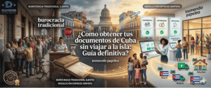 Un fotomontaje panorámico cinematográfico que compara los tiempos de legalización en Cuba: por un lado, largas colas, libros antiguos y lentitud para 'BUROCRACIA', por otro, pantallas modernas, una agente digital y velocidad para 'RESOLUCIÓN EXPRESS' con certificados de nacimiento, matrimonio y antecedentes penales. Símbolos de conexión internacional y digitalización se funden con la escena. Fondo cinematográfico de La Habana Vieja al amanecer con el Capitolio. Logotipo de 'Tremendo Papeleo' incluido.