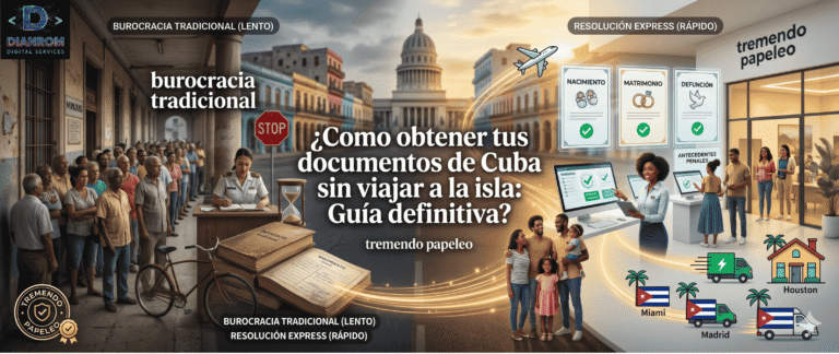 Un fotomontaje panorámico cinematográfico que compara los tiempos de legalización en Cuba: por un lado, largas colas, libros antiguos y lentitud para 'BUROCRACIA', por otro, pantallas modernas, una agente digital y velocidad para 'RESOLUCIÓN EXPRESS' con certificados de nacimiento, matrimonio y antecedentes penales. Símbolos de conexión internacional y digitalización se funden con la escena. Fondo cinematográfico de La Habana Vieja al amanecer con el Capitolio. Logotipo de 'Tremendo Papeleo' incluido.