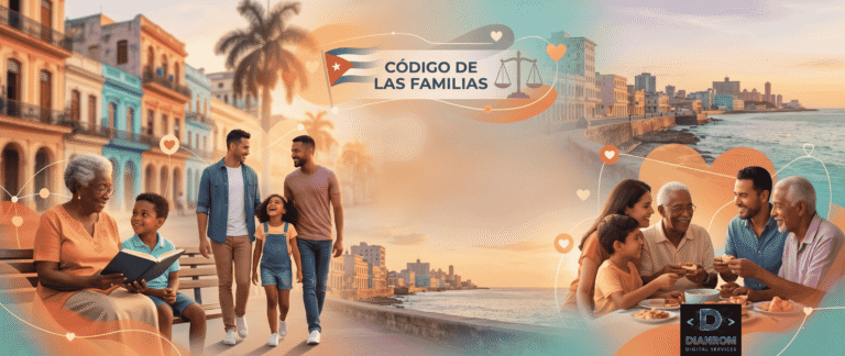 Un fotomontaje panorámico de familias cubanas diversas e inclusivas en el Malecón de La Habana al atardecer, con el título "CÓDIGO DE LAS FAMILIAS" integrado artísticamente en el centro.