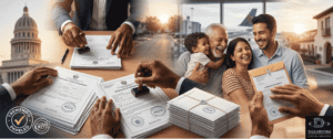 Manos sellando certificados de nacimiento y matrimonio con cuños del MINJUS y Tremendo Papeleo, junto a una familia cubana (abuelos, padres e hijo) abrazándose felices en un aeropuerto con un avión al fondo.
